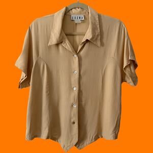 90's vintage butter yellow collared short sleeve boxy blouse LARGE erena *flaws*